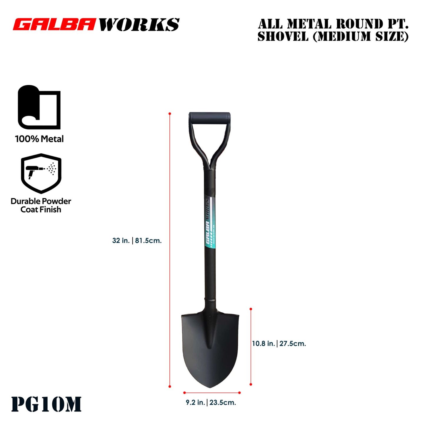 GALBA WORKS Round Point Shovel (Medium Size) for Gardening with D-Handle (Pala) -32Inch Heavy Duty