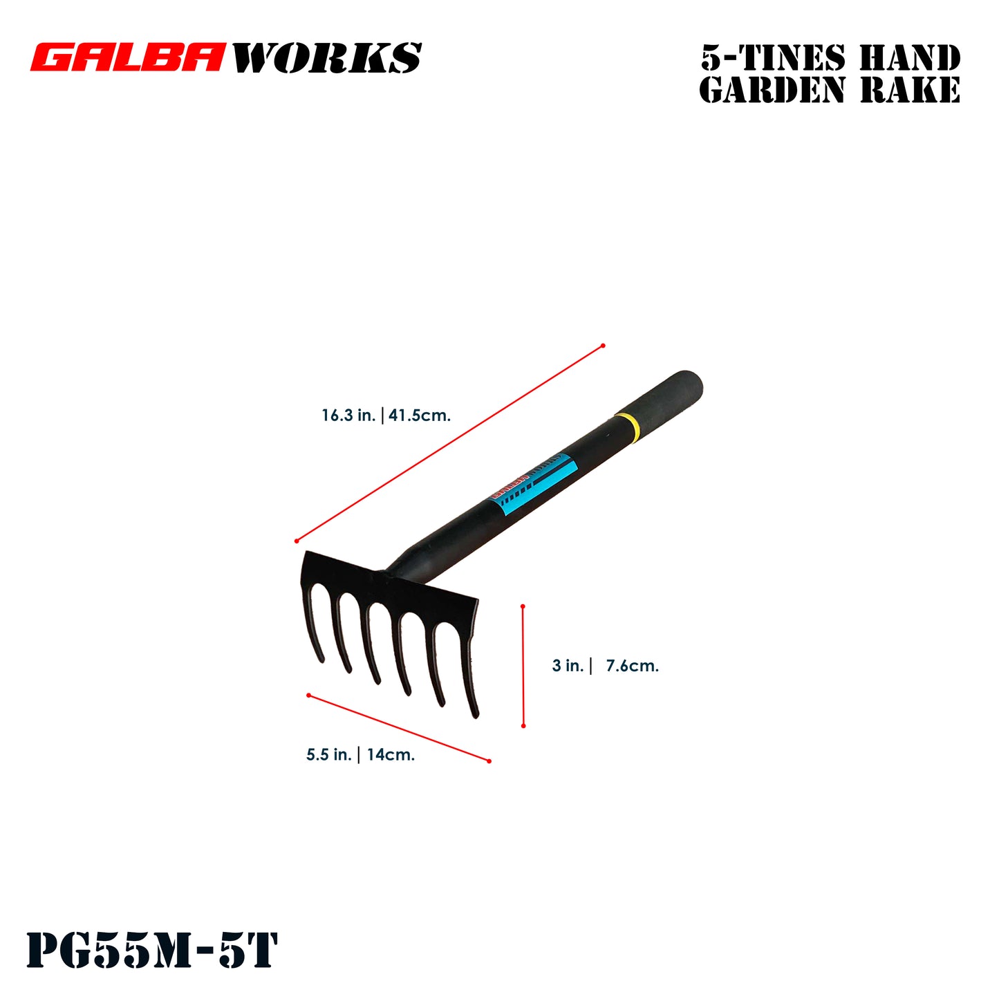 Galba Works 5-Tine Hand Garden Rake | Heavy Duty Steel Cultivator | Weeding & Soil Loosening Tool