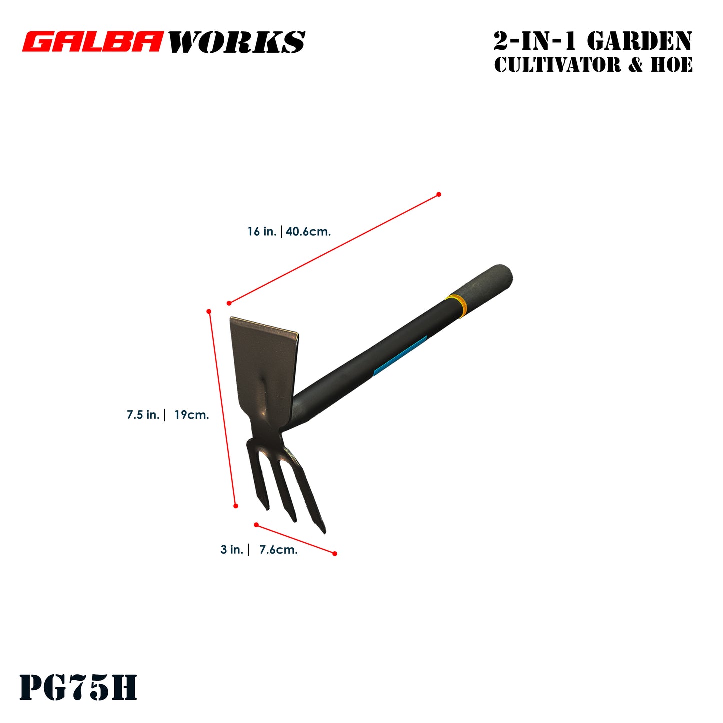 Galba Works 2-in-1 Garden Cultivator & Hoe PG75H | 100% Metal | Powder Coated | Heavy Duty Hand Tool