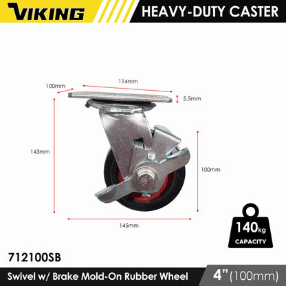 VIKING Heavy Duty Caster Wheels with Double Ball Bearing Mold-On Rubber 4"/5"/6"/8"