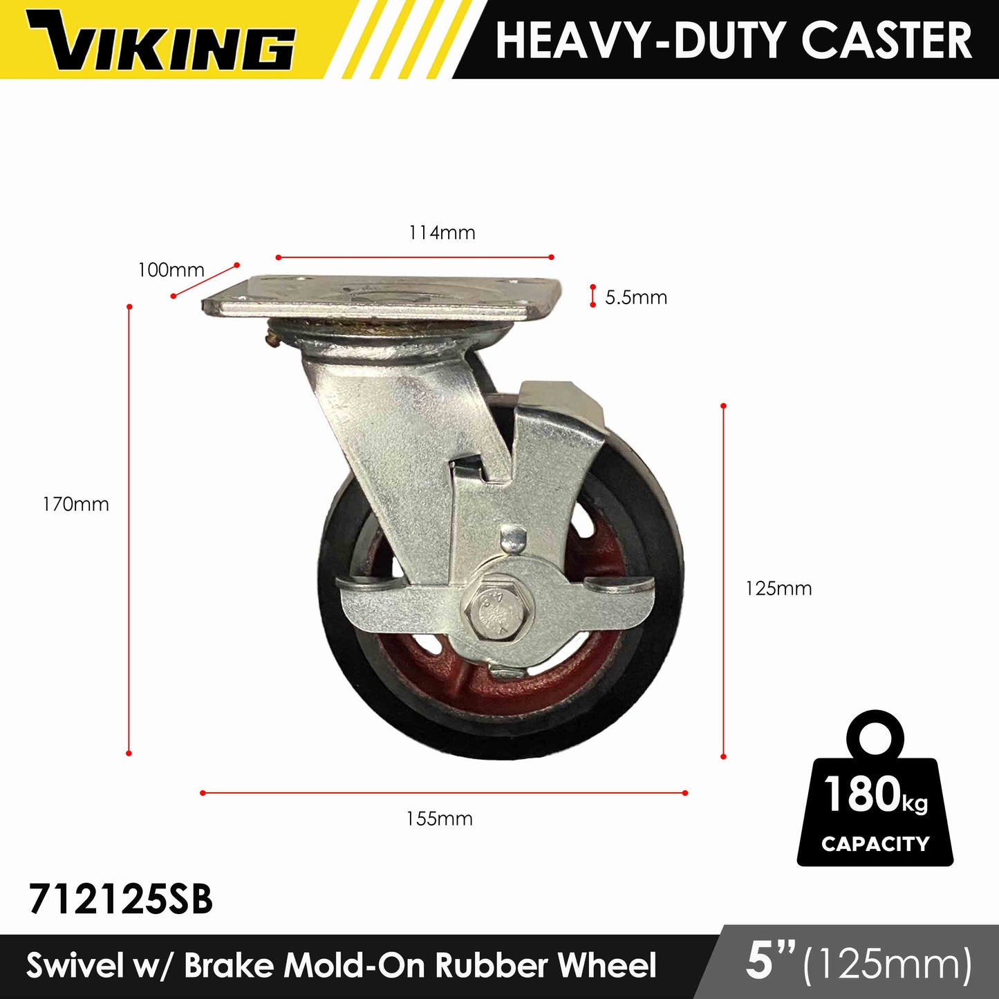 VIKING Heavy Duty Caster Wheels with Double Ball Bearing Mold-On Rubber 4"/5"/6"/8"