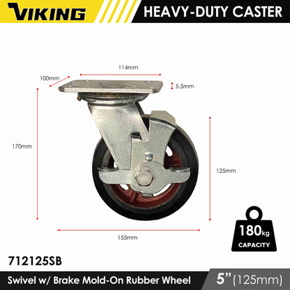 VIKING Heavy Duty Caster Wheels with Double Ball Bearing Mold-On Rubber 4"/5"/6"/8"