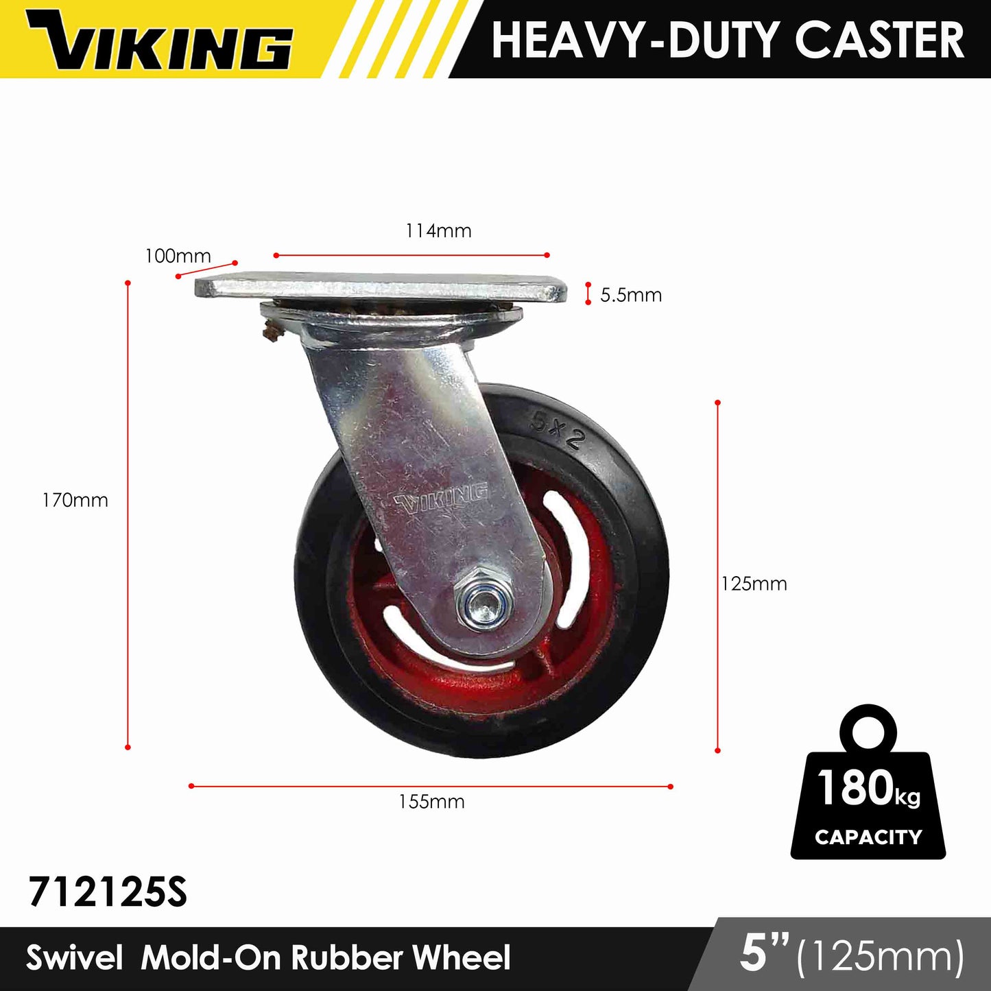 VIKING Heavy Duty Caster Wheels with Double Ball Bearing Mold-On Rubber 4"/5"/6"/8"