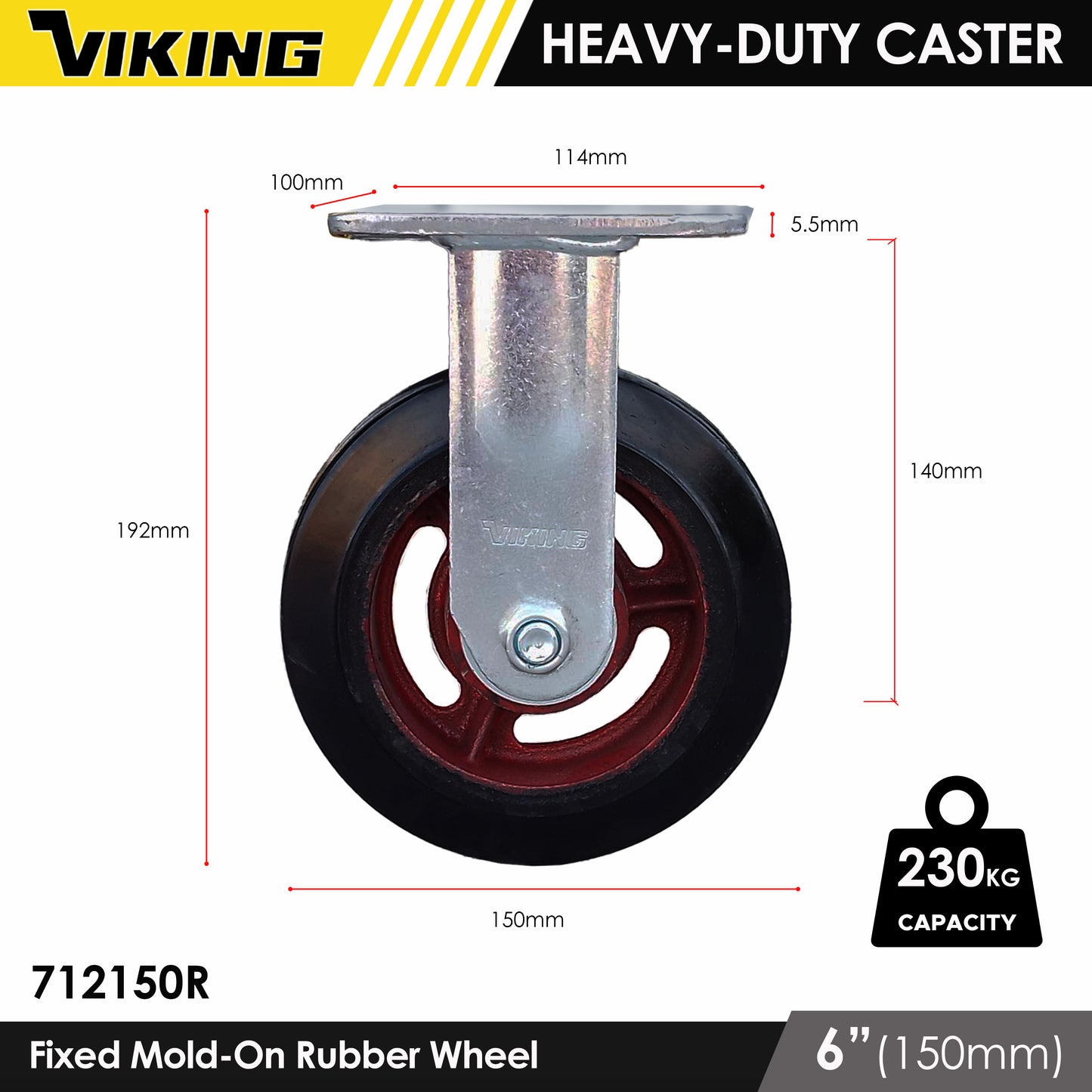 VIKING Heavy Duty Caster Wheels with Double Ball Bearing Mold-On Rubber 4"/5"/6"/8"