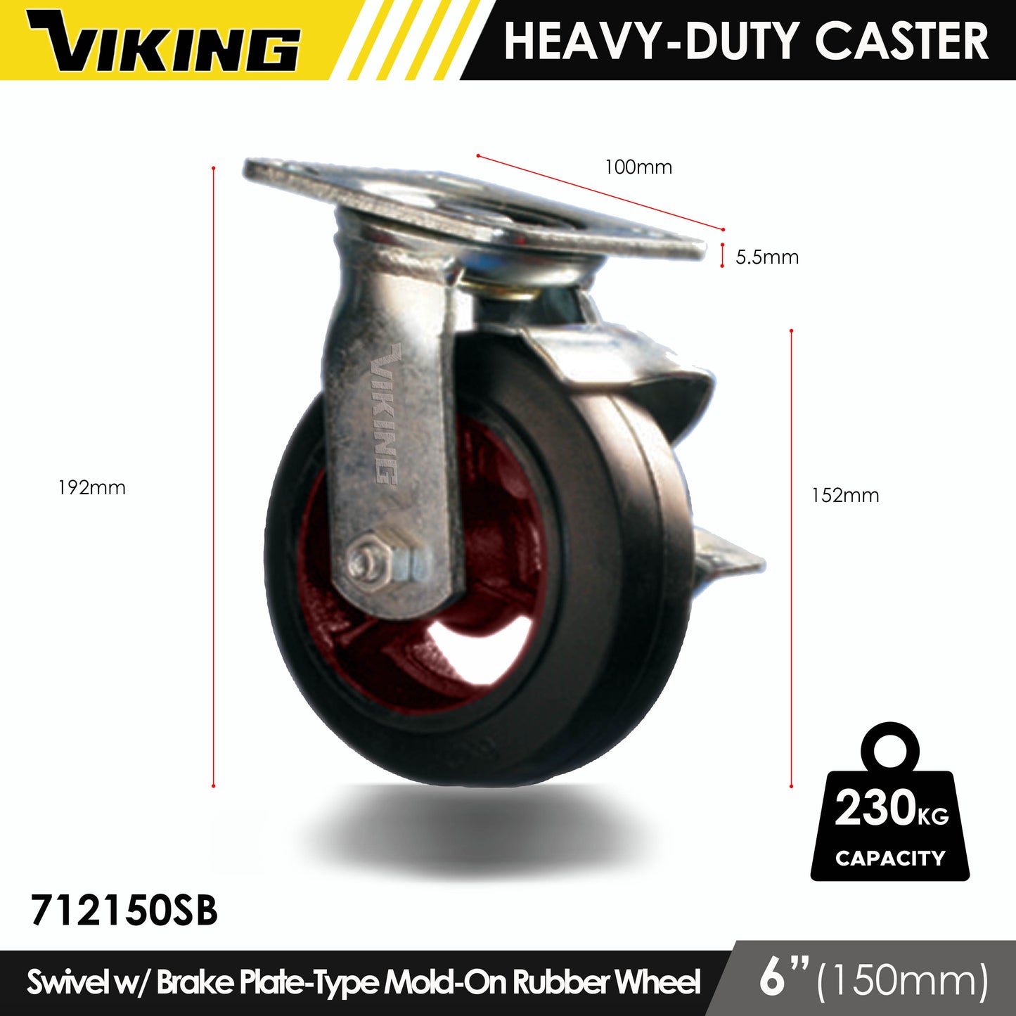 VIKING Heavy Duty Caster Wheels with Double Ball Bearing Mold-On Rubber 4"/5"/6"/8"