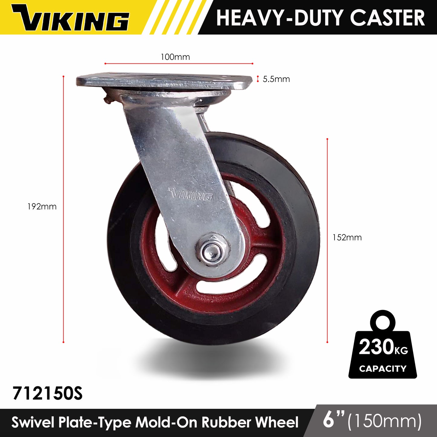 VIKING Heavy Duty Caster Wheels with Double Ball Bearing Mold-On Rubber 4"/5"/6"/8"