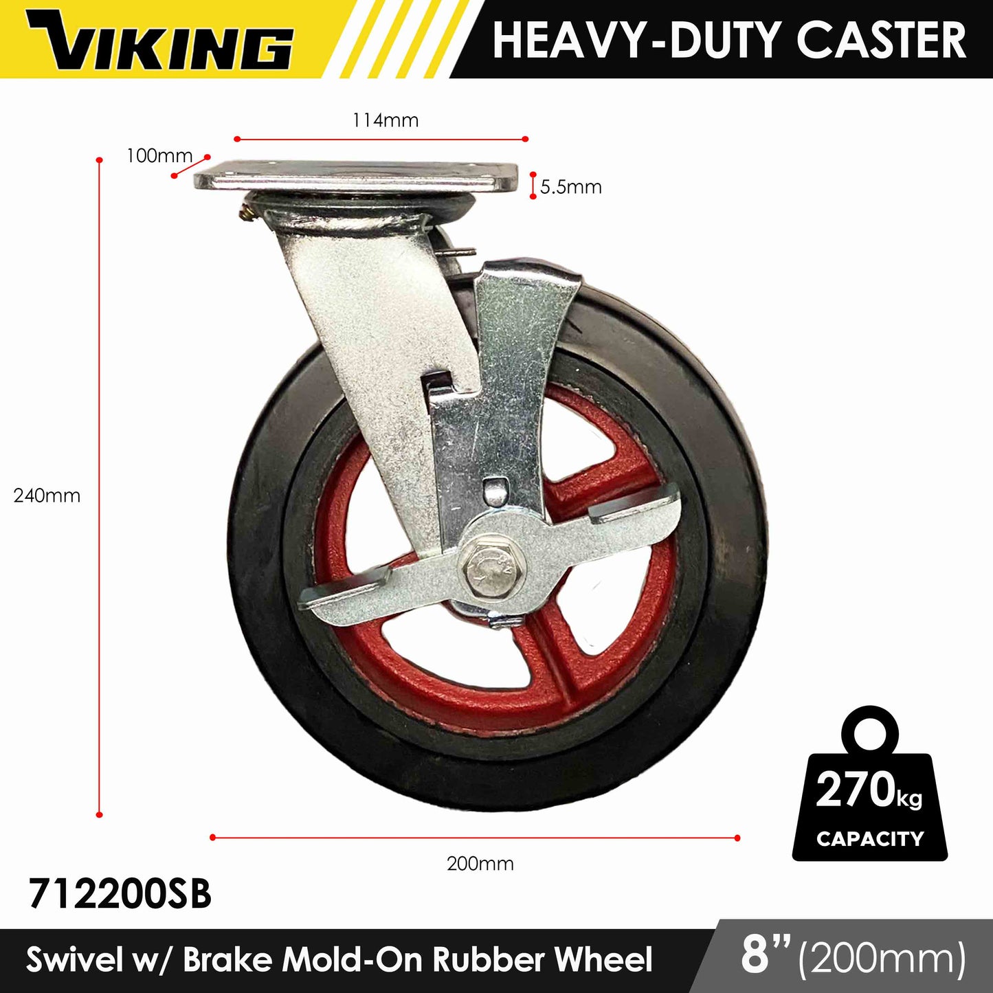 VIKING Heavy Duty Caster Wheels with Double Ball Bearing Mold-On Rubber 4"/5"/6"/8"