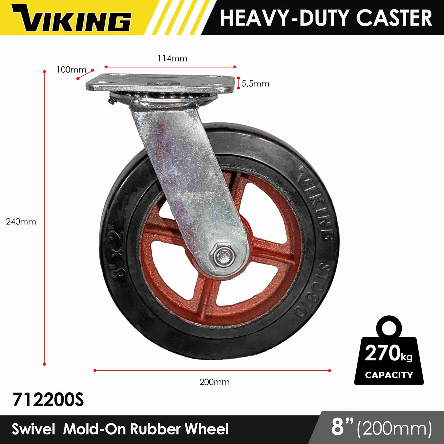 VIKING Heavy Duty Caster Wheels with Double Ball Bearing Mold-On Rubber 4"/5"/6"/8"