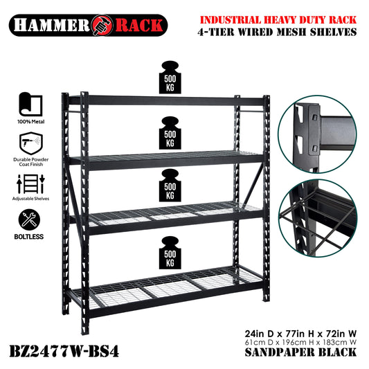 Hammer Rack Industrial Heavy Duty Storage Rack 4-Tier | 500KG per Level | Boltless Metal Wire Mesh Shelving |  24"Dx77"Hx72"H