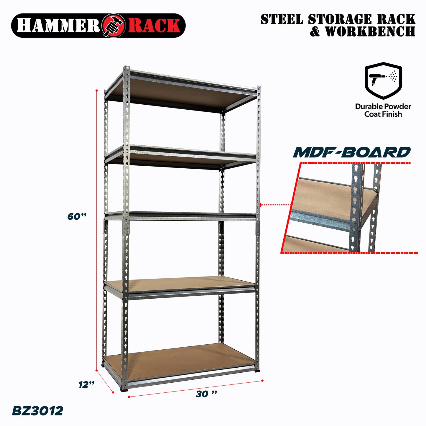 HAMMER RACK 5-Tier Heavy Duty Steel Storage Shelving 750kg MDF board