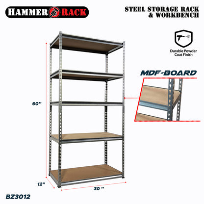 HAMMER RACK 5-Tier Heavy Duty Steel Storage Shelving 750kg MDF board