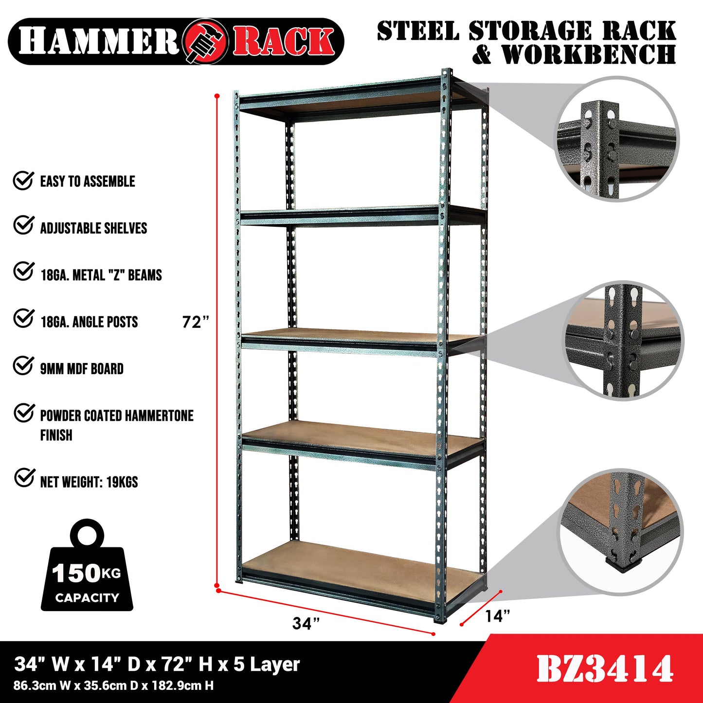 HAMMER RACK 5-Tier Heavy Duty Steel Storage Shelving 750kg MDF board