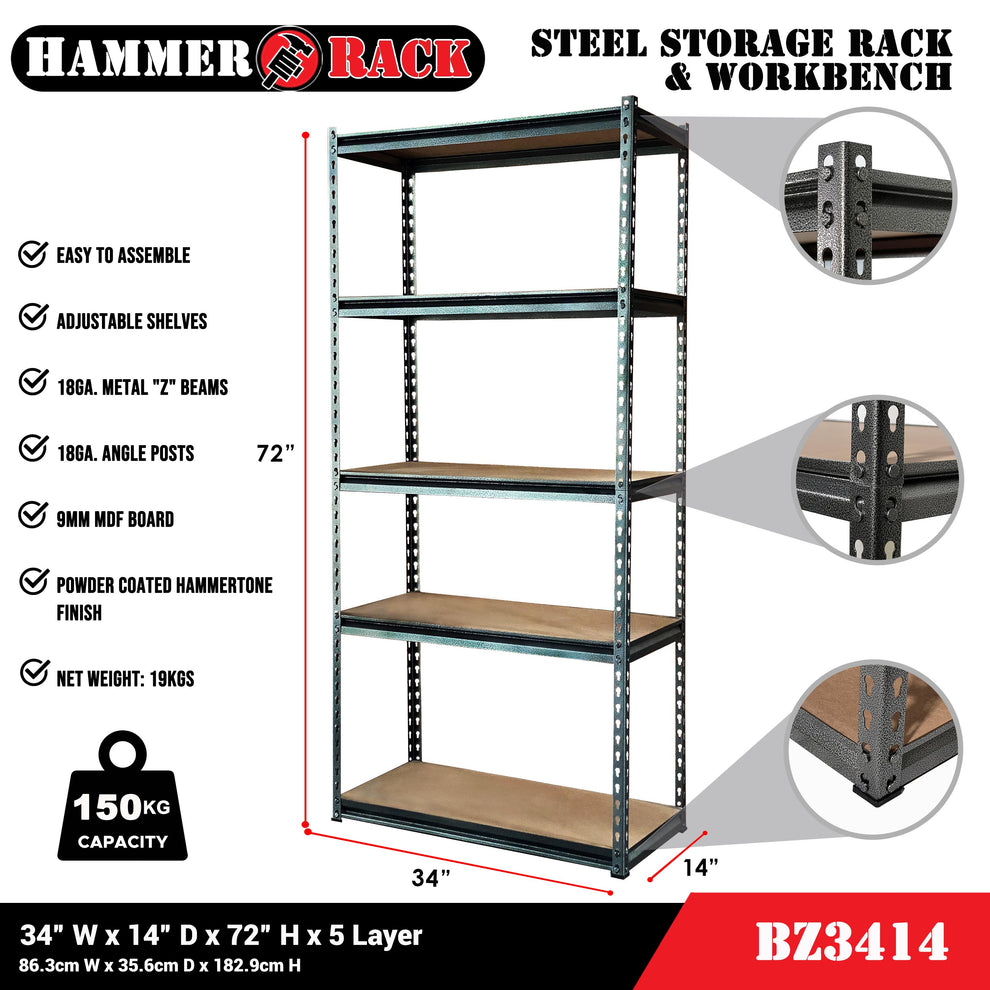 HAMMER RACK 5-Tier Heavy Duty Steel Storage Shelving 750kg MDF board ...
