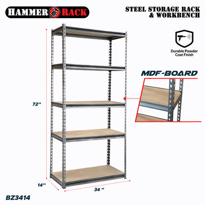 HAMMER RACK 5-Tier Heavy Duty Steel Storage Shelving 750kg MDF board