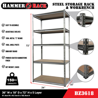 HAMMER RACK 5-Tier Heavy Duty Steel Storage Shelving 750kg MDF board