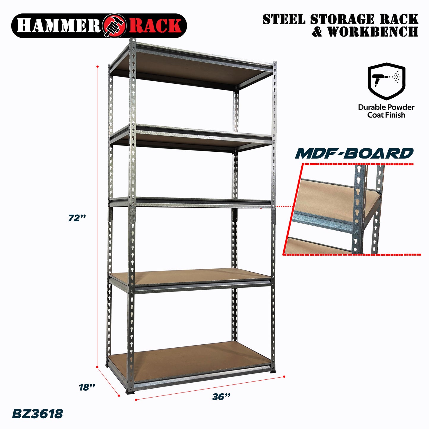 HAMMER RACK 5-Tier Heavy Duty Steel Storage Shelving 750kg MDF board