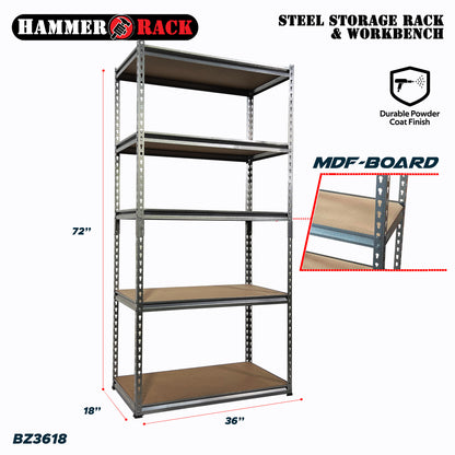 HAMMER RACK 5-Tier Heavy Duty Steel Storage Shelving 750kg MDF board