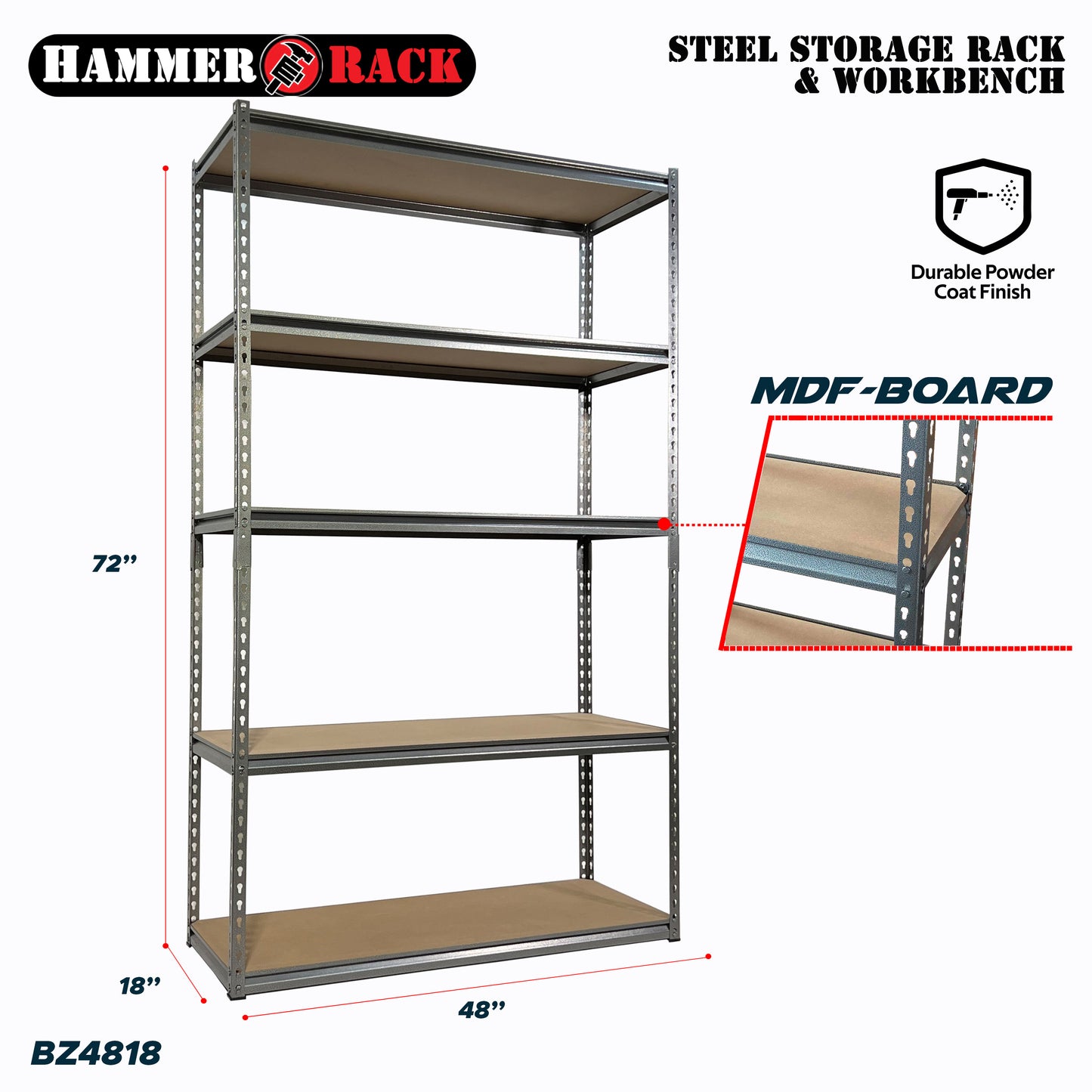 HAMMER RACK 5-Tier Heavy Duty Steel Storage Shelving 750kg MDF board