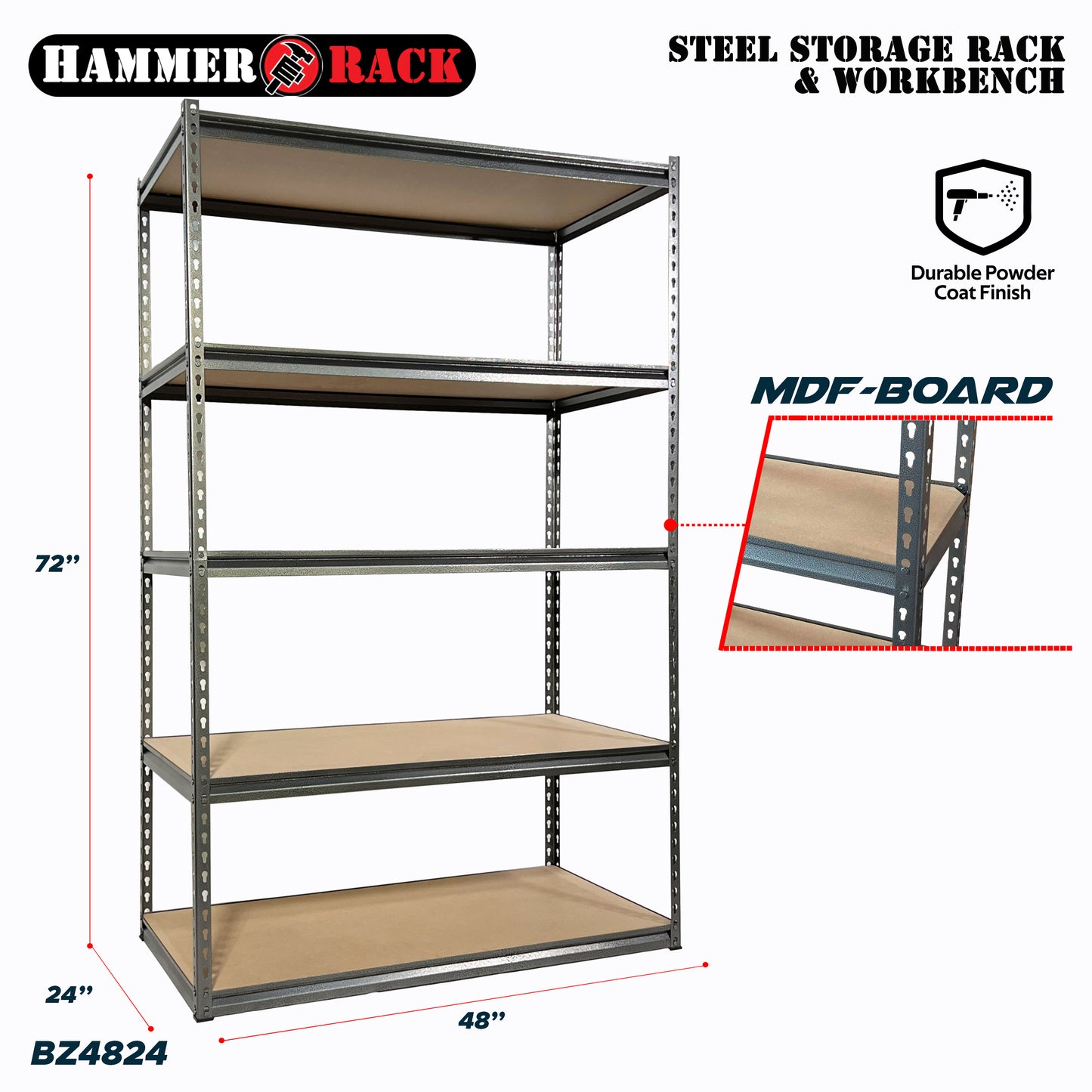 HAMMER RACK 5-Tier Heavy Duty Steel Storage Shelving 750kg MDF board