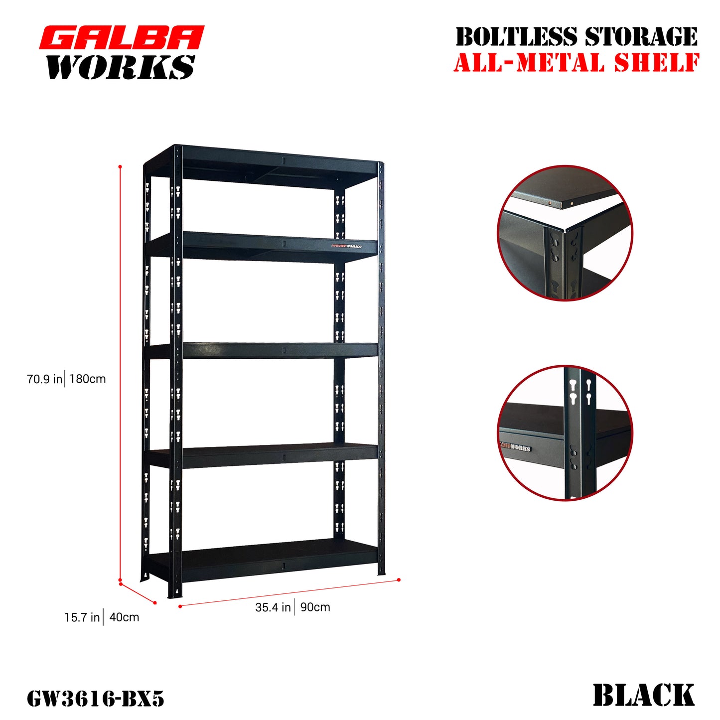 GALBA WORKS Boltless Storage All-Metal Shelf 90x40x180cm 5Layers Organizer