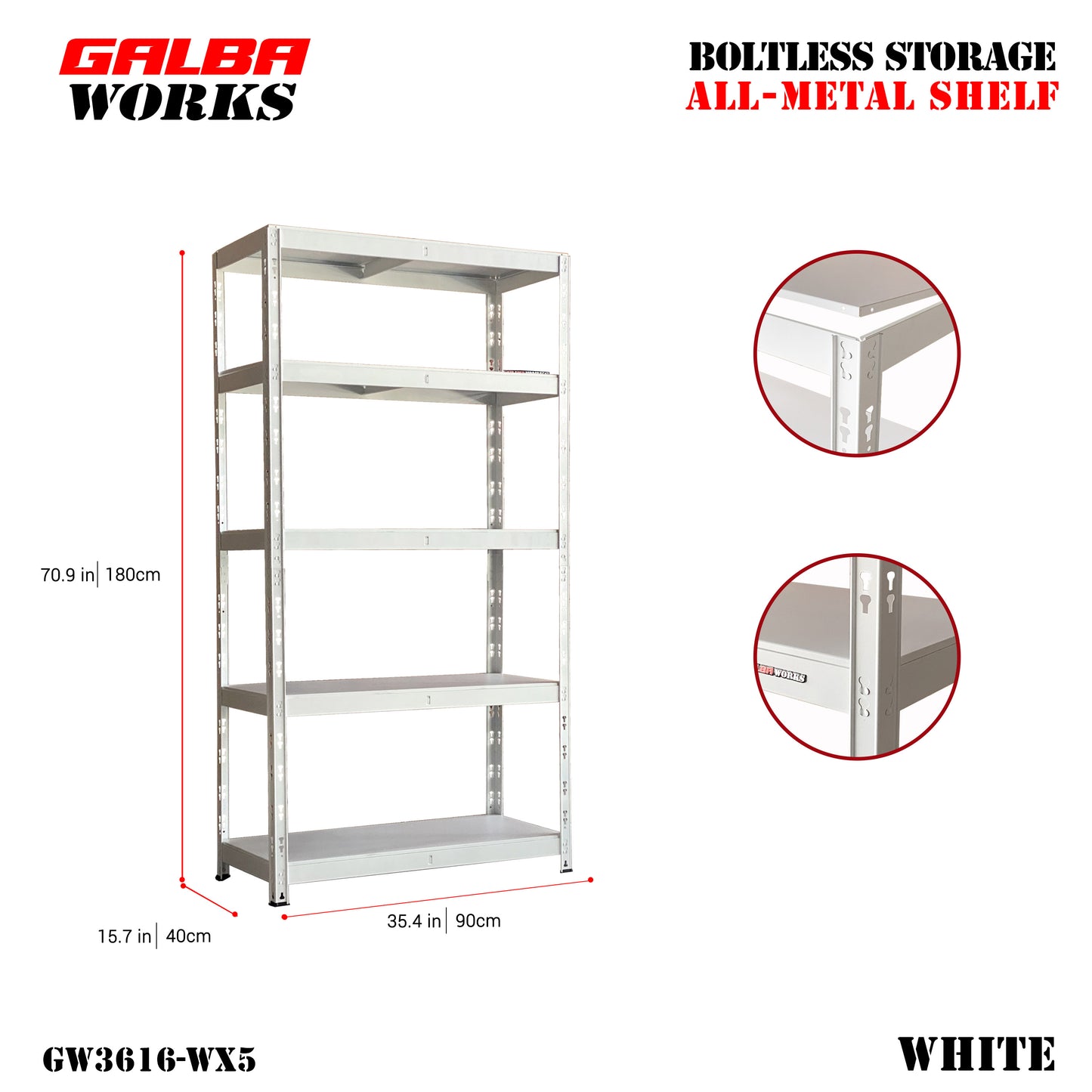 GALBA WORKS Boltless Storage All-Metal Shelf 90x40x180cm 5Layers Organizer
