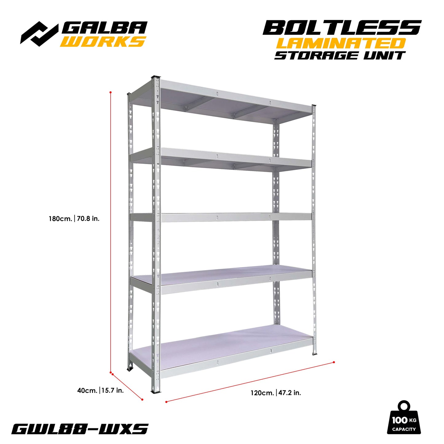 Galba Works Boltless Laminated Storage Unit 120x40x180cm Steel Shelf Adjustable 5 Layers Rack Garage Organizer