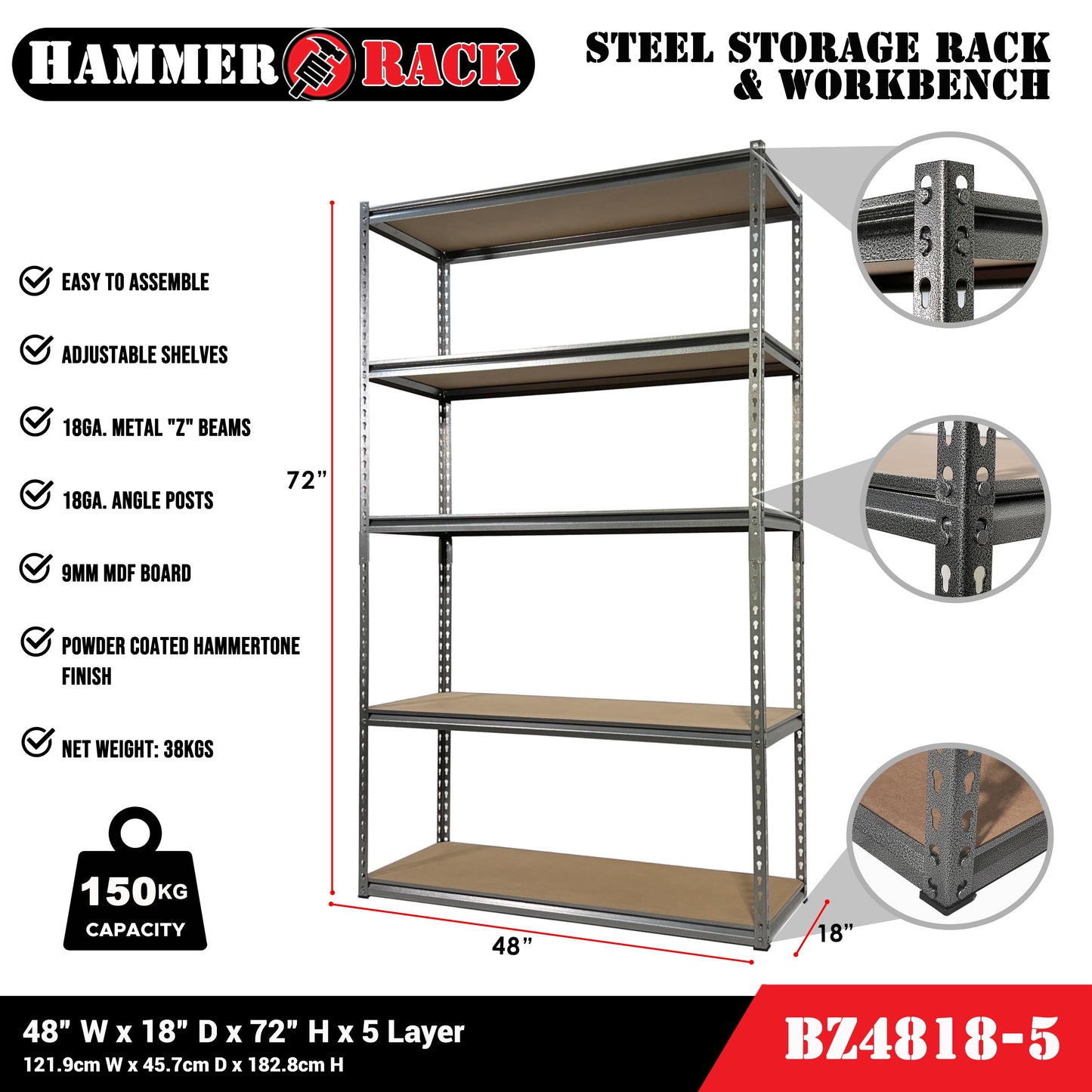 HAMMER RACK 5-Tier Heavy Duty Steel Storage Shelving 750kg MDF board
