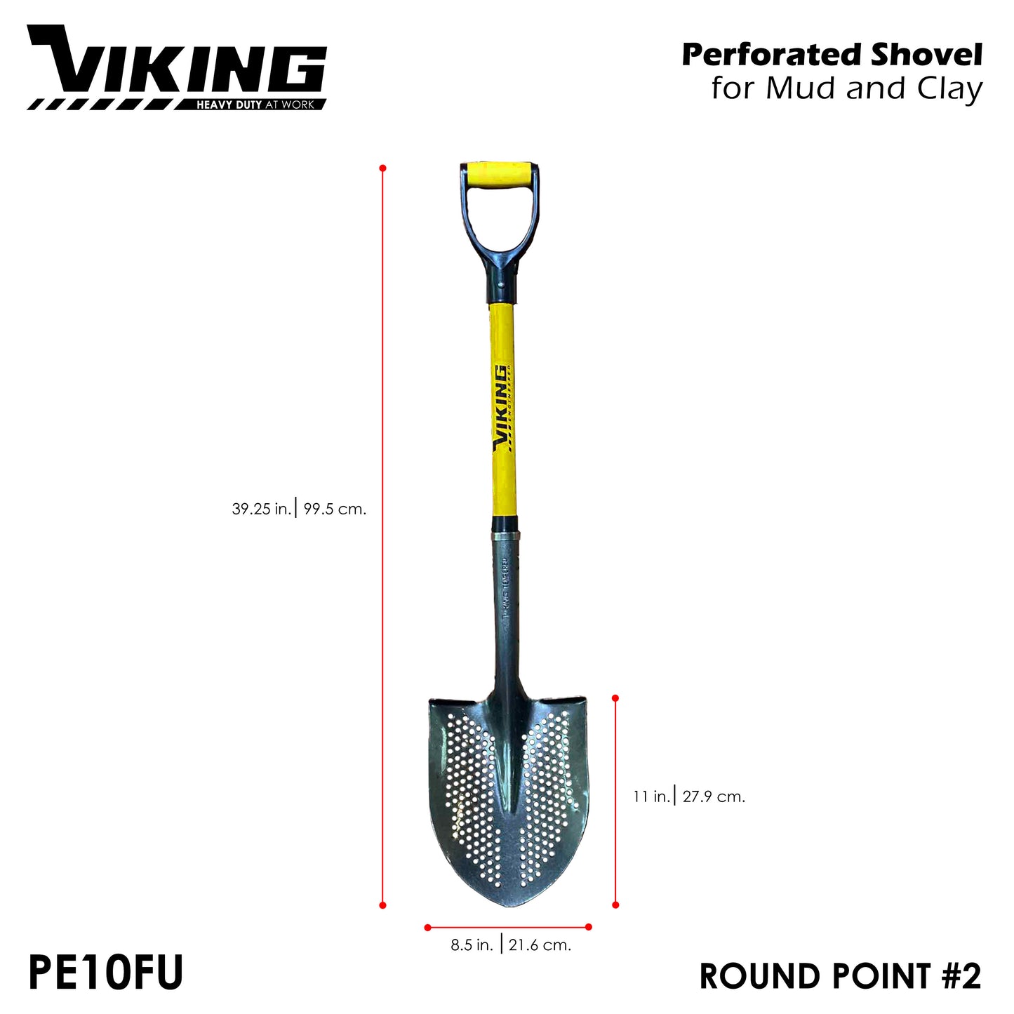 Viking Perforated Shovel for Mud and Clay with 16ga Tempered Steel Blade 100cm Fiberglass Handle