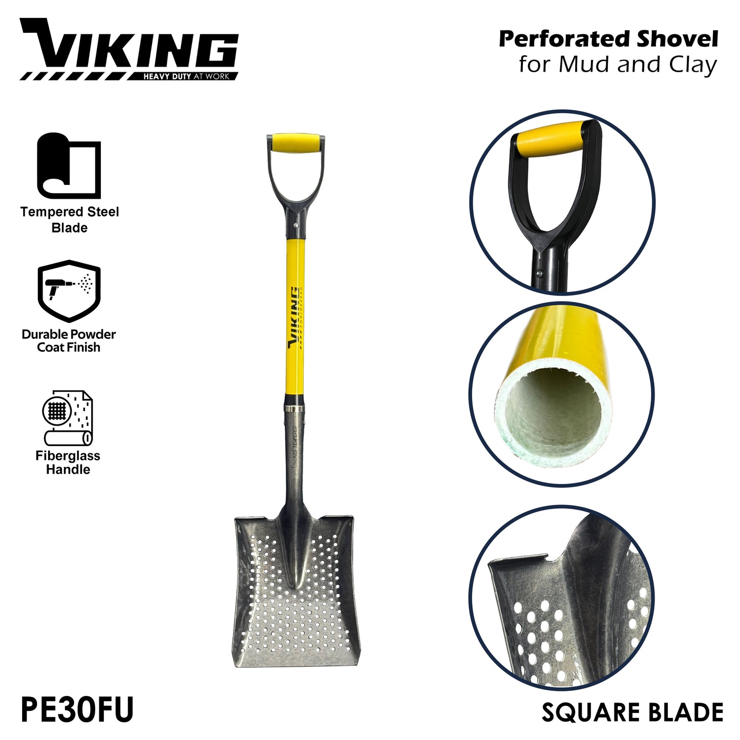 Viking Perforated Shovel for Mud and Clay with 16ga Tempered Steel Blade 100cm Fiberglass Handle