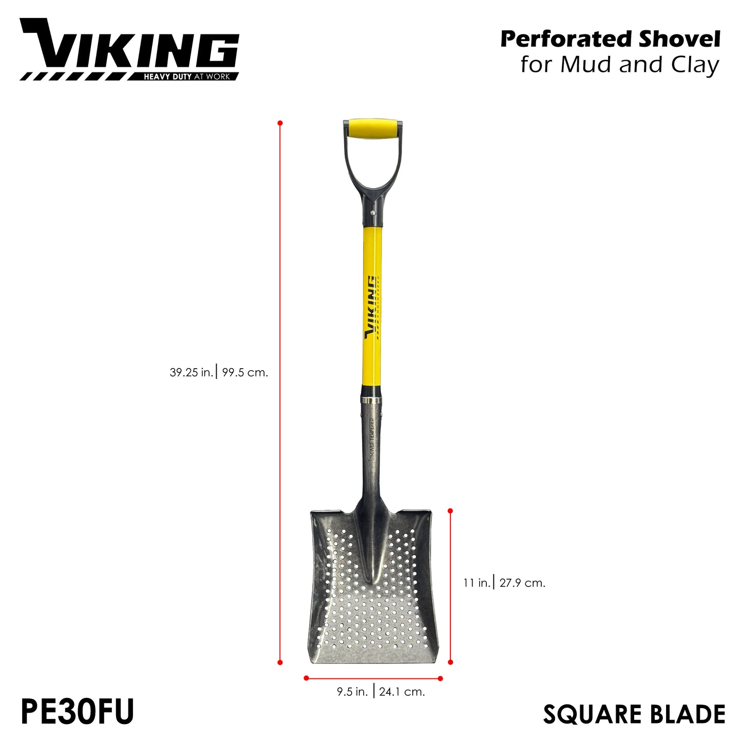 Viking Perforated Shovel for Mud and Clay with 16ga Tempered Steel Blade 100cm Fiberglass Handle