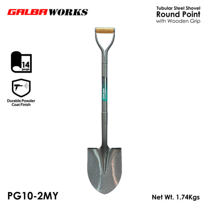 Galba Works PG10-2MY Tubular Steel Shovel | Round Point | 14 Gauge | Wooden Grip | Heavy Duty