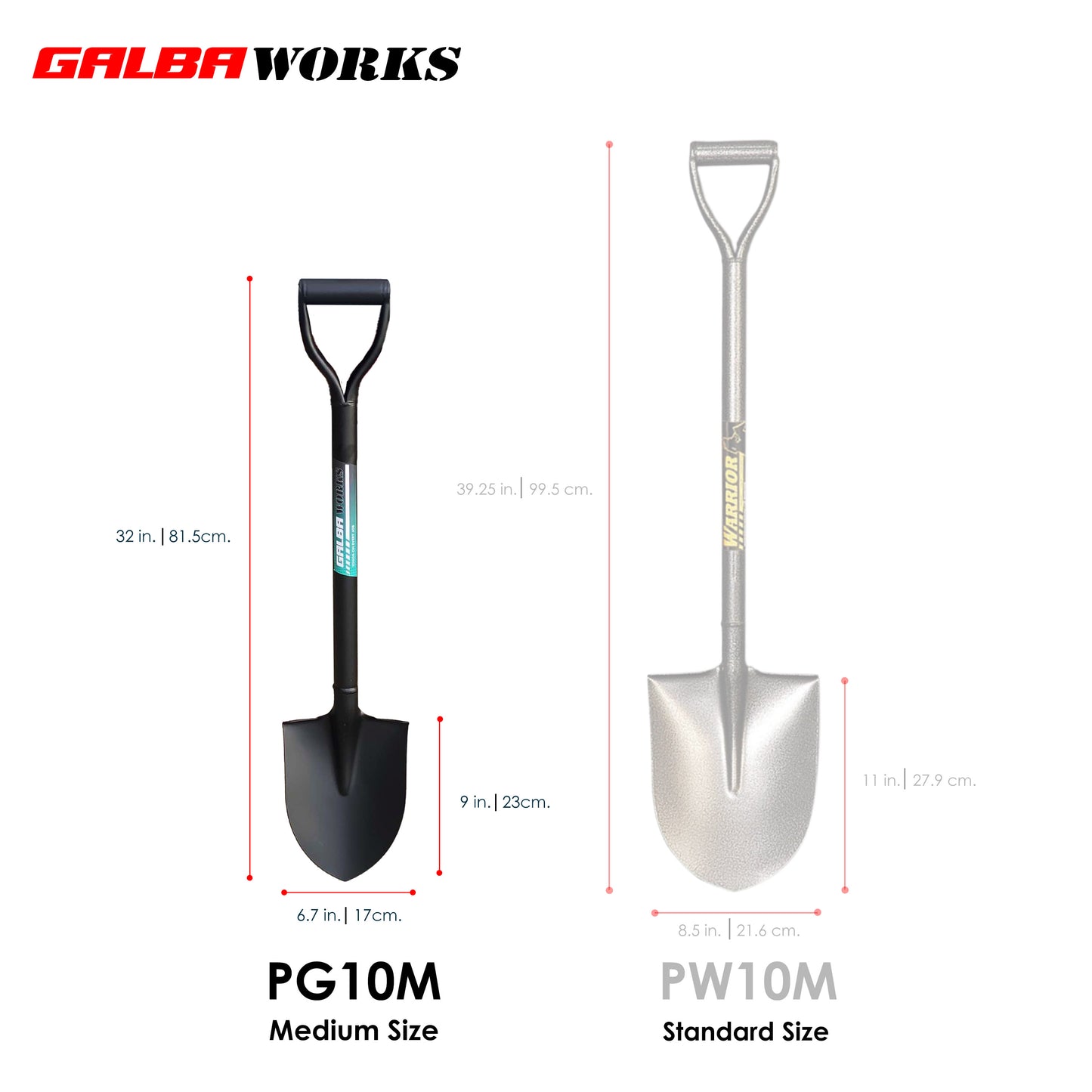 GALBA WORKS Round Point Shovel (Medium Size) for Gardening with D-Handle (Pala) -32Inch Heavy Duty