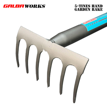 Galba Works 5-Tine Hand Garden Rake | Heavy Duty Steel Cultivator | Weeding & Soil Loosening Tool