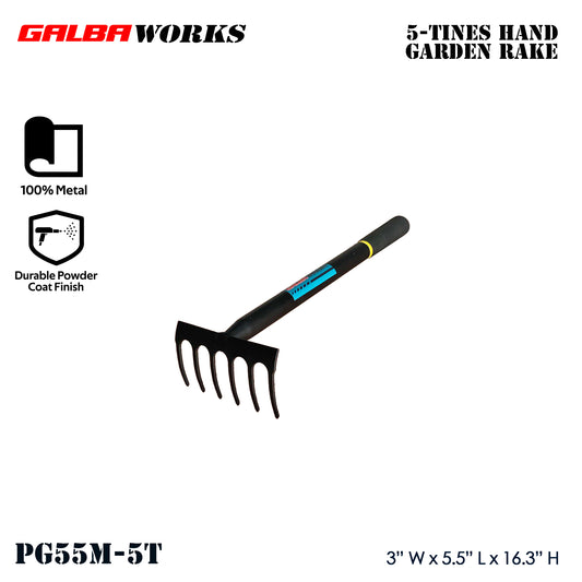 Galba Works 5-Tine Hand Garden Rake | Heavy Duty Steel Cultivator | Weeding & Soil Loosening Tool