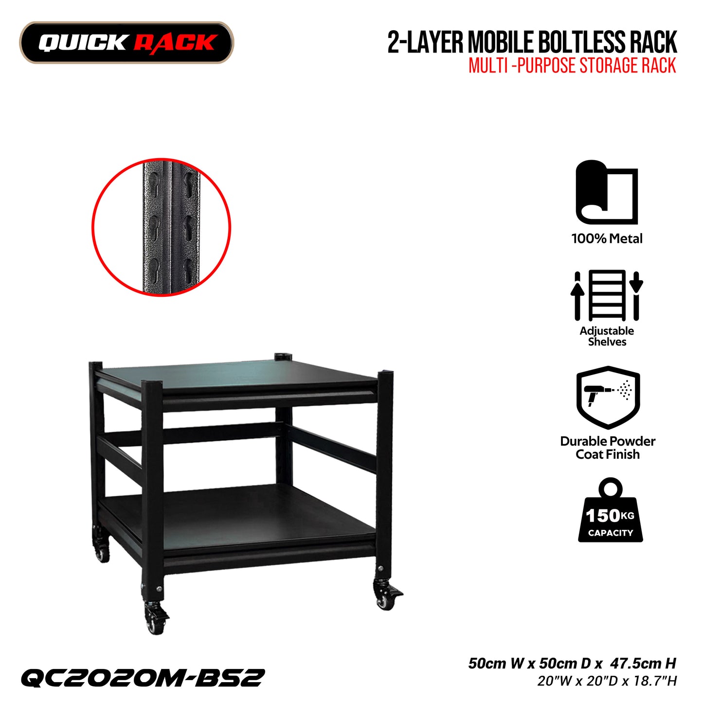 Quick Rack 2-Layer Mobile Multi-Purpose Boltless Metal Shelf Rack with Wheels | 150KG Heavy Duty Storage Cart