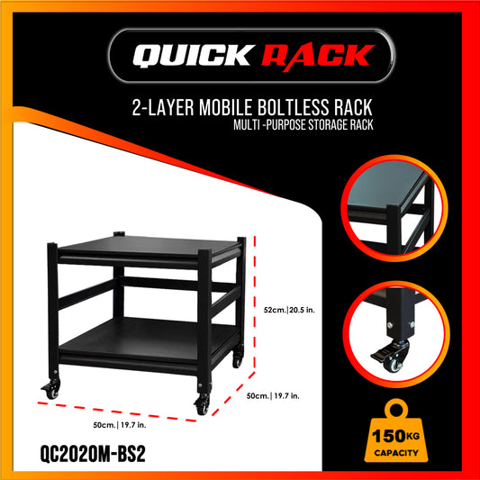 Quick Rack 2-Layer Mobile Multi-Purpose Boltless Metal Shelf Rack with Wheels | 150KG Heavy Duty Storage Cart
