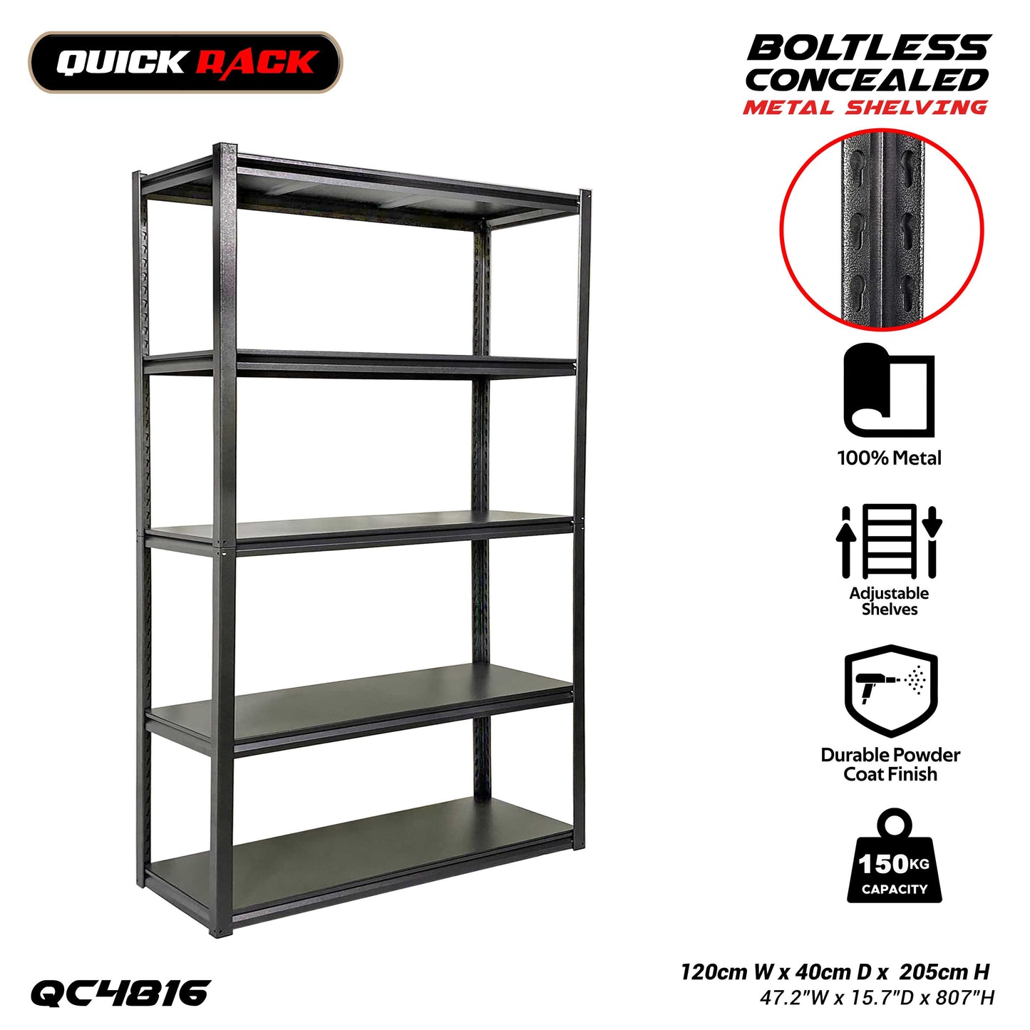 QUICK RACK Boltless All Metal Concealed Post Storage Rack Shelving 150kg Capacity