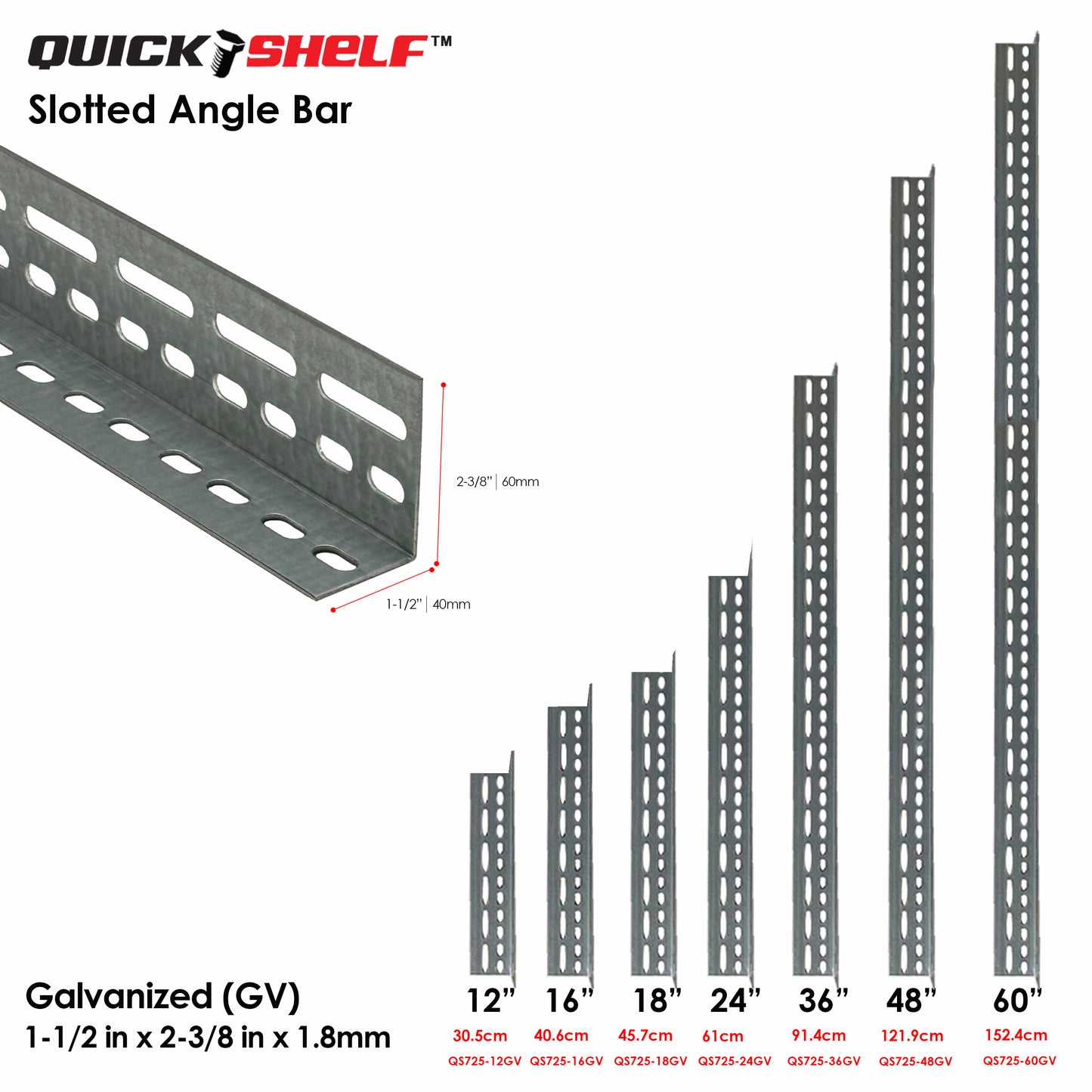 Quickshelf Big Slotted Angle Bar QS725, 1.5"x2.4"x1.8mm, DIY Heavy-Duty Storage Shelving [CAN EDIT]